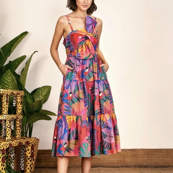 NWT FARM Rio Macaw Bow Top Dress Tropical Leaf Tiered Jungle Midi Dress XS - Picture 1 of 4